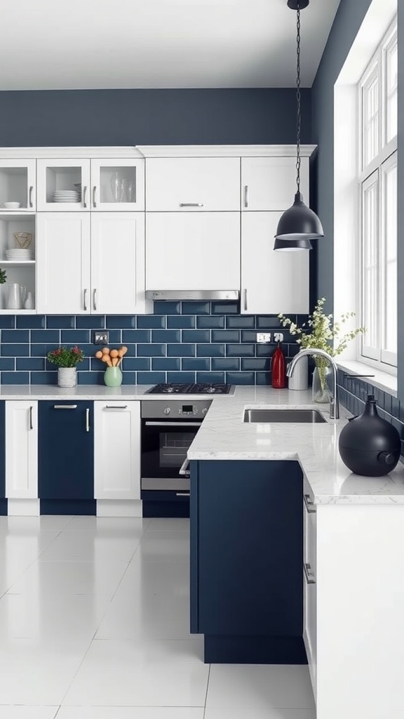 A stylish kitchen featuring a white and navy blue color scheme with modern cabinets and a beautiful backsplash.