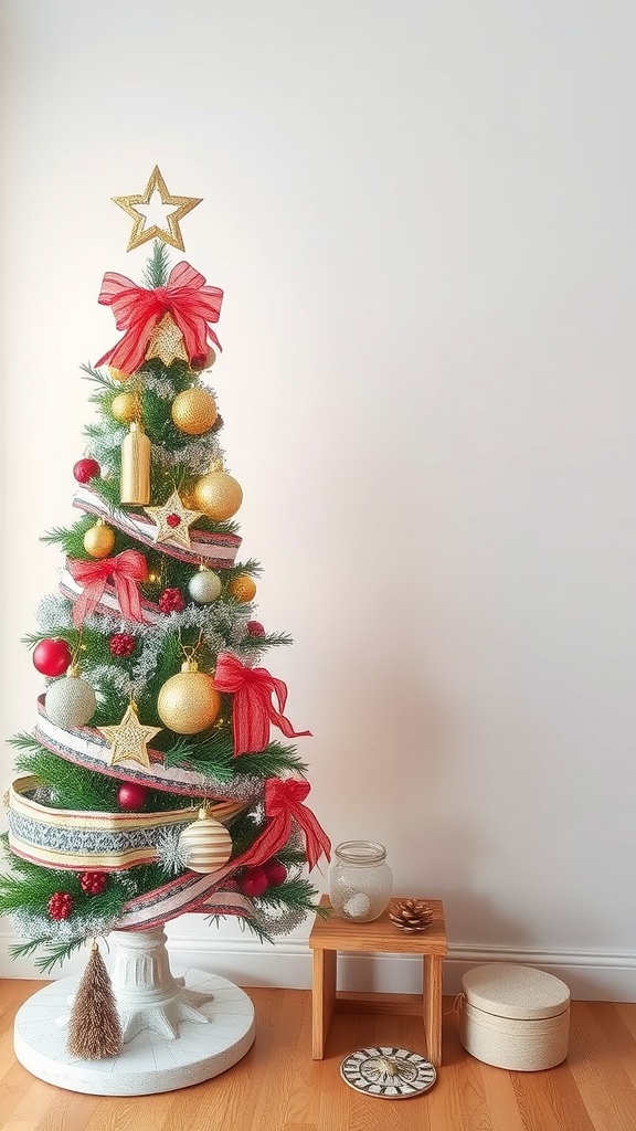 A decorated pencil Christmas tree with bows, ornaments, and tinsel