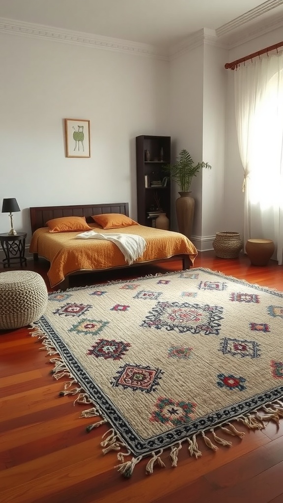 A cozy Moroccan bedroom featuring a traditional Berber rug on a wooden floor, with an orange bedspread and warm natural lighting.