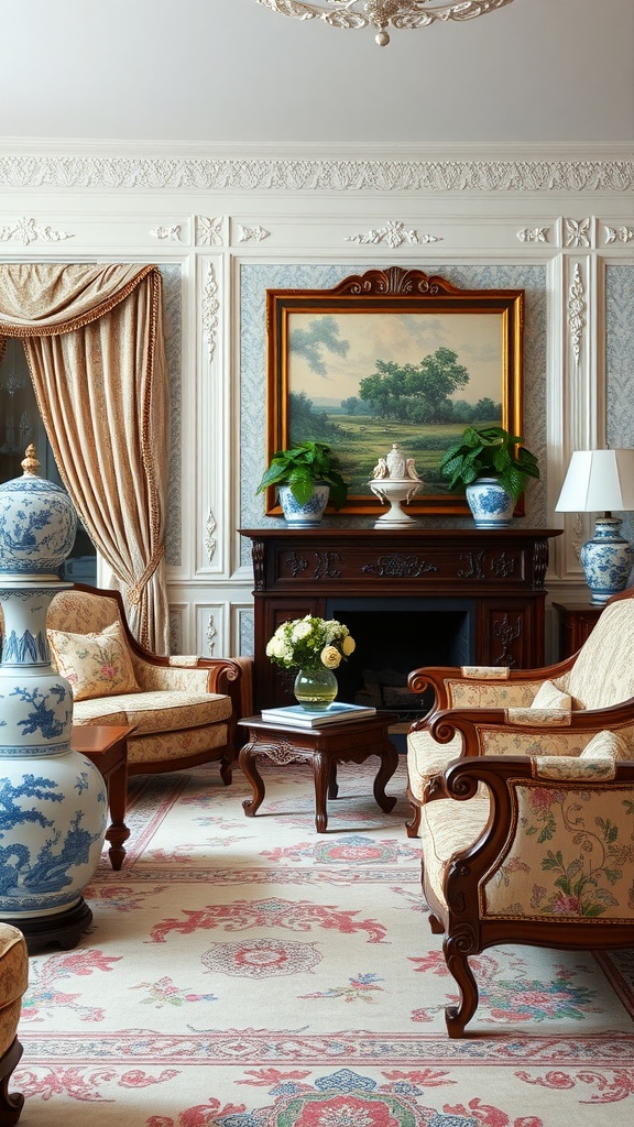 Traditional living room with blue and white decor, ornate furniture, and elegant details