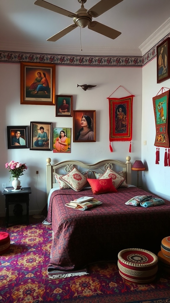 A traditional Indian bedroom featuring artworks on the walls, a beautifully made bed, and colorful textiles.