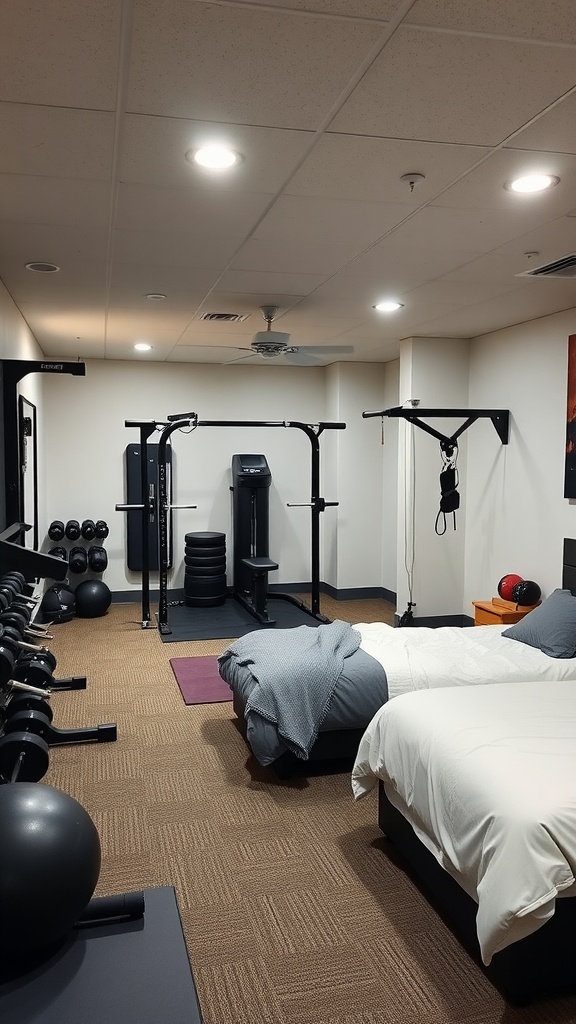 A basement bedroom featuring a sleeping area and a workout station.