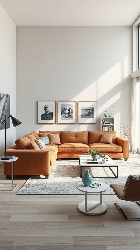 A cozy living room featuring a brown-orange sectional sofa, stylish coffee table, and natural light.