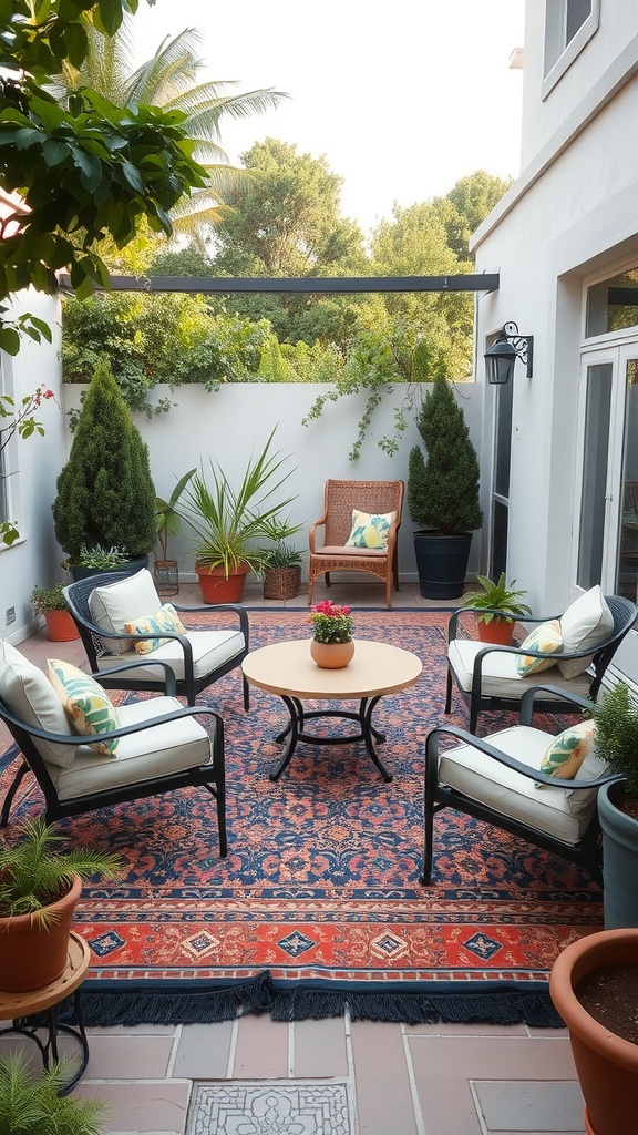 Beautiful patio with patterned rug, comfortable seating, and greenery.