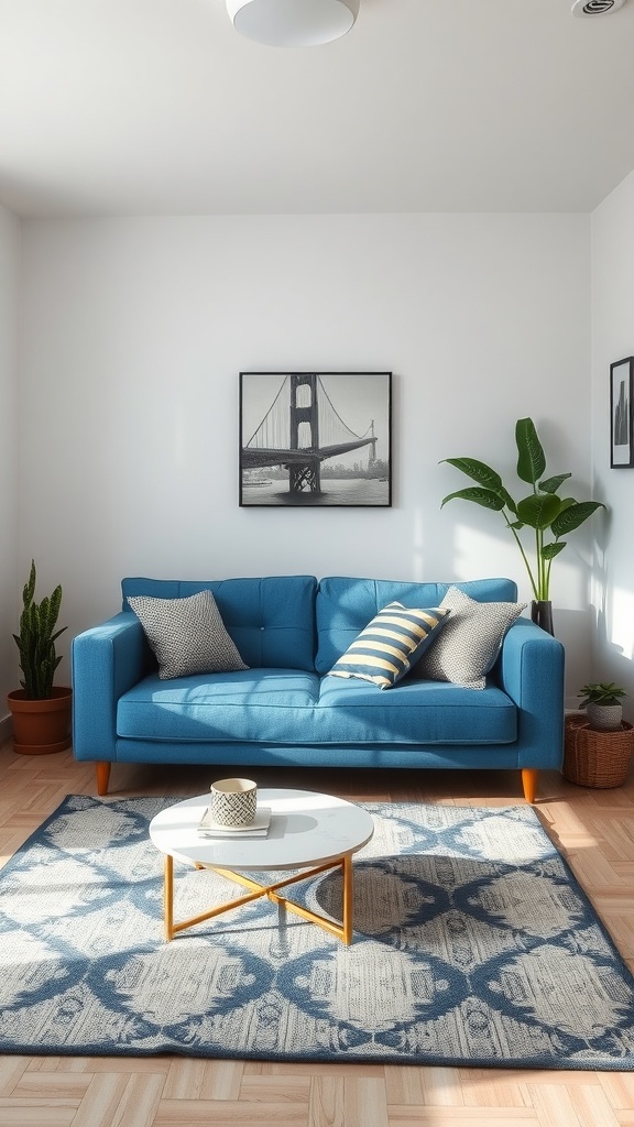 A bright blue couch in a small living room with a round coffee table, plants, and artwork.