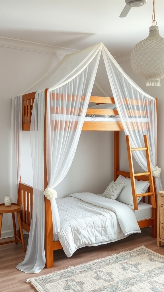 A wooden bunk bed with a canopy draped in light fabric, creating a cozy space.