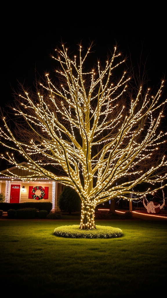 A tree wrapped in warm white lights in a yard, with a house decorated for Christmas in the background.