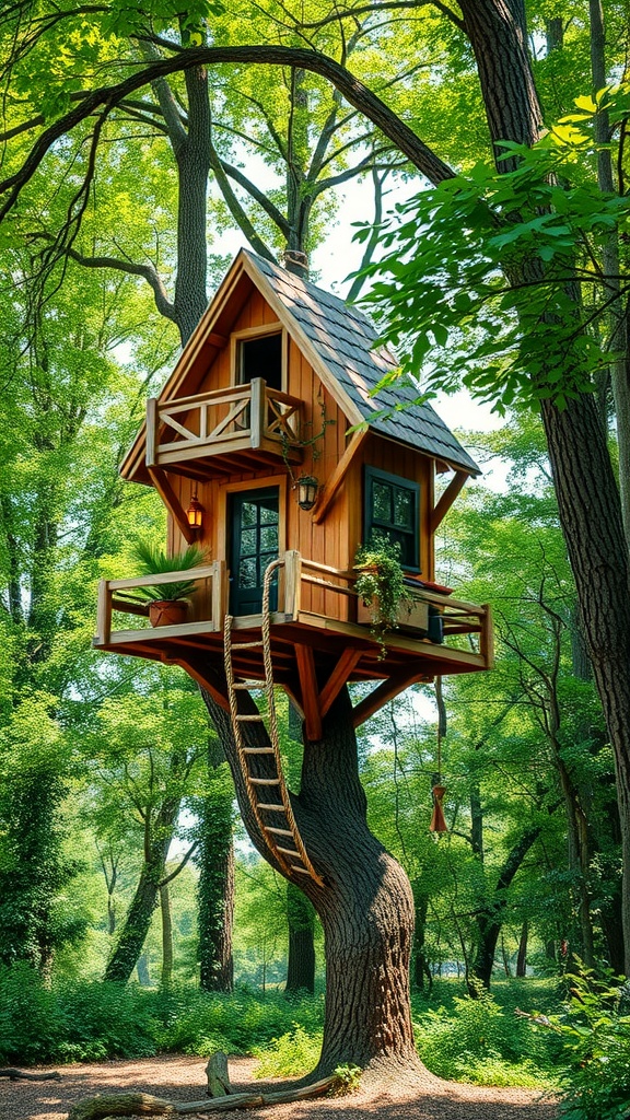 A charming treehouse nestled among lush green trees, featuring a wooden structure, a balcony, and a ladder leading up to it.