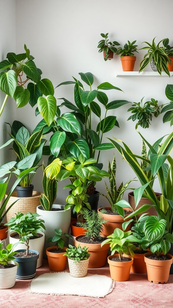 A vibrant arrangement of various indoor plants in different pots, enhancing a living room environment.