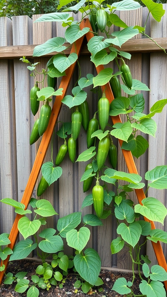 A triangle frame trellis supporting green cucumbers against a wooden fence.