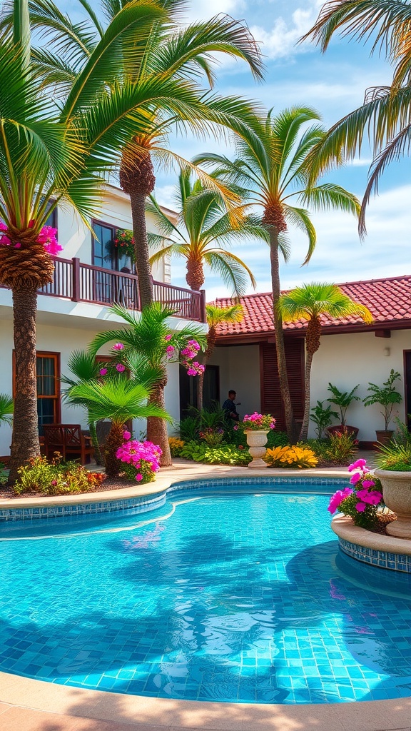 A vibrant outdoor pool area surrounded by tropical landscaping, featuring palm trees and colorful flowers.