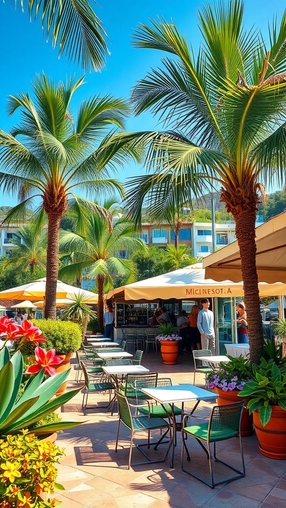 Outdoor bistro set with palm trees and colorful flowers in a tropical setting