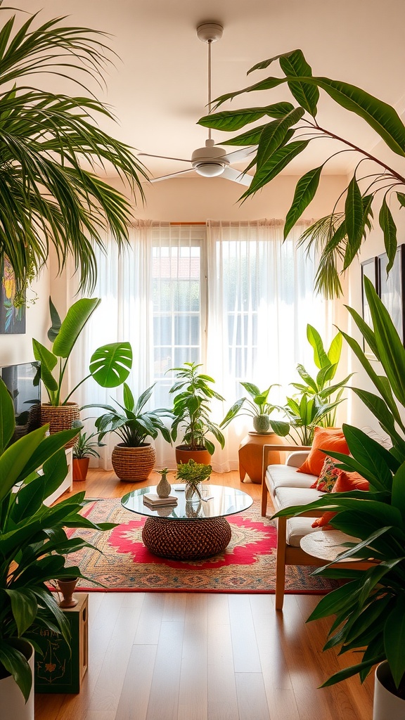 A vibrant living room filled with greenery, featuring a white sofa with colorful cushions, a patterned rug, and various plants creating a tropical paradise feel.