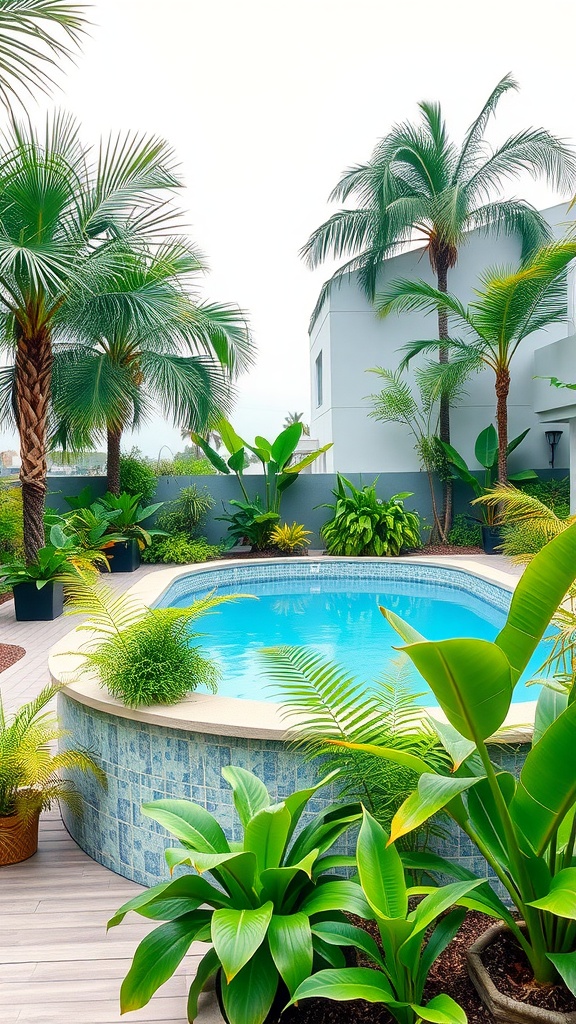 Lush tropical plants surrounding a sparkling above-ground pool