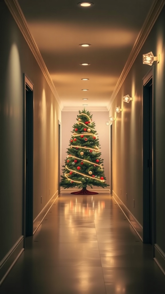 A hallway with a Christmas tree at the end, decorated with lights and ornaments.