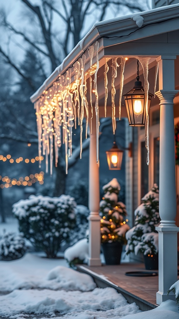 A front porch decorated with icicle lights and lanterns, surrounded by snow and evergreen plants.