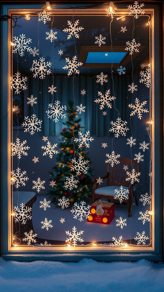 A window decorated with snowflake designs and string lights, featuring a Christmas tree in the background