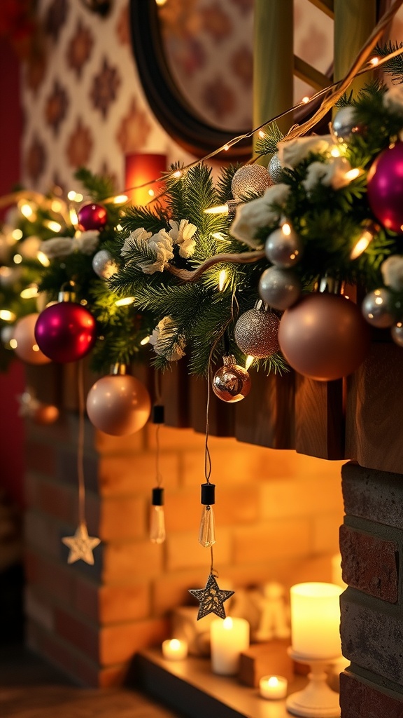 A festive mantel decorated with string lights, ornaments, and candles.