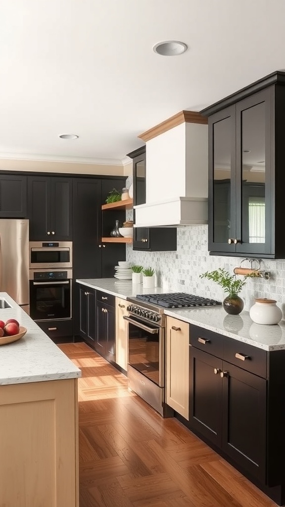 A kitchen featuring two-tone cabinets with black and light wood tones, showcasing modern design elements.