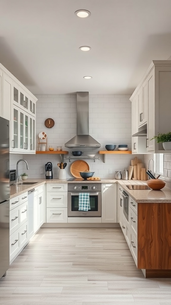 Modern U-shaped kitchen with white cabinets, wooden accents, and ample counter space.