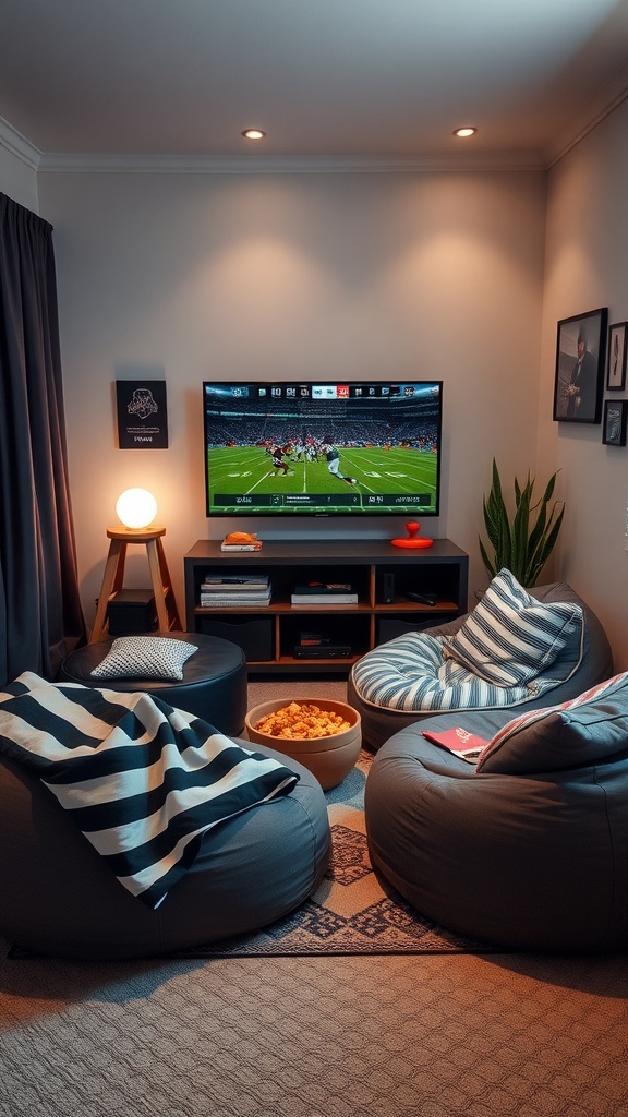 Cozy game day corner with bean bag chairs, TV displaying a football game, and snacks.