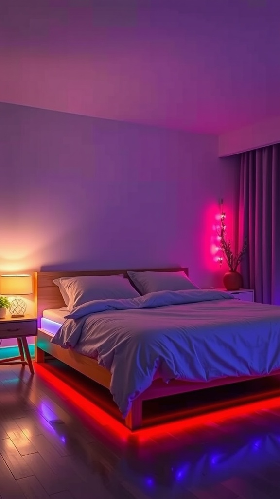 A cozy bedroom with under-bed LED lights creating a floating effect.