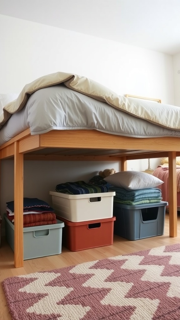 Colorful storage bins under a bed with a cozy blanket on top.