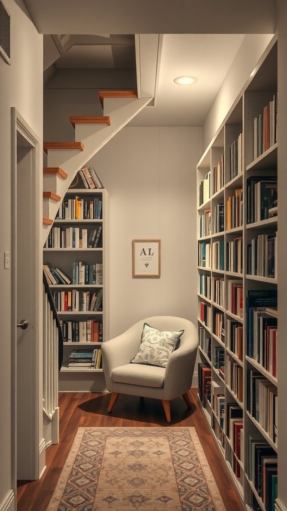 Cozy under-stairs library with built-in bookshelves, a comfortable chair, and warm lighting.