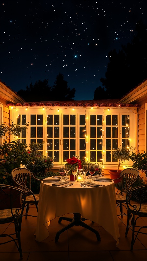 A beautifully set dining table under a starry night sky, surrounded by plants and soft lighting.