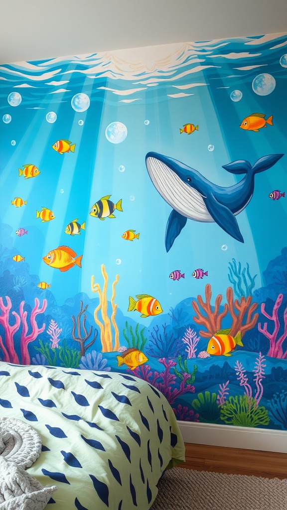 A colorful underwater scene painted on a bedroom wall featuring a whale, various fish, and coral.