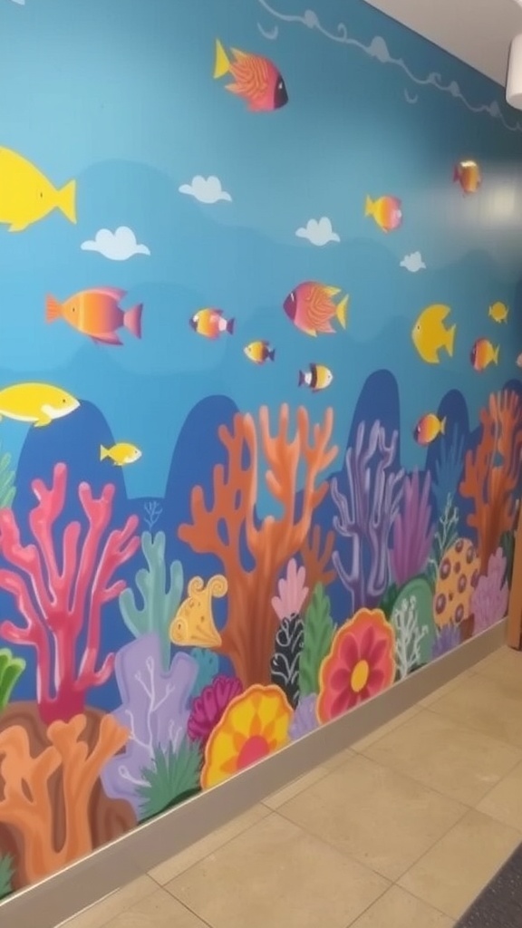 A colorful underwater ocean mural featuring fish and coral on a blue wall.