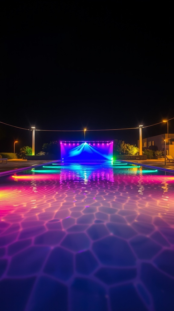 A brightly lit underwater pool with colorful lights reflecting on the water surface at night.