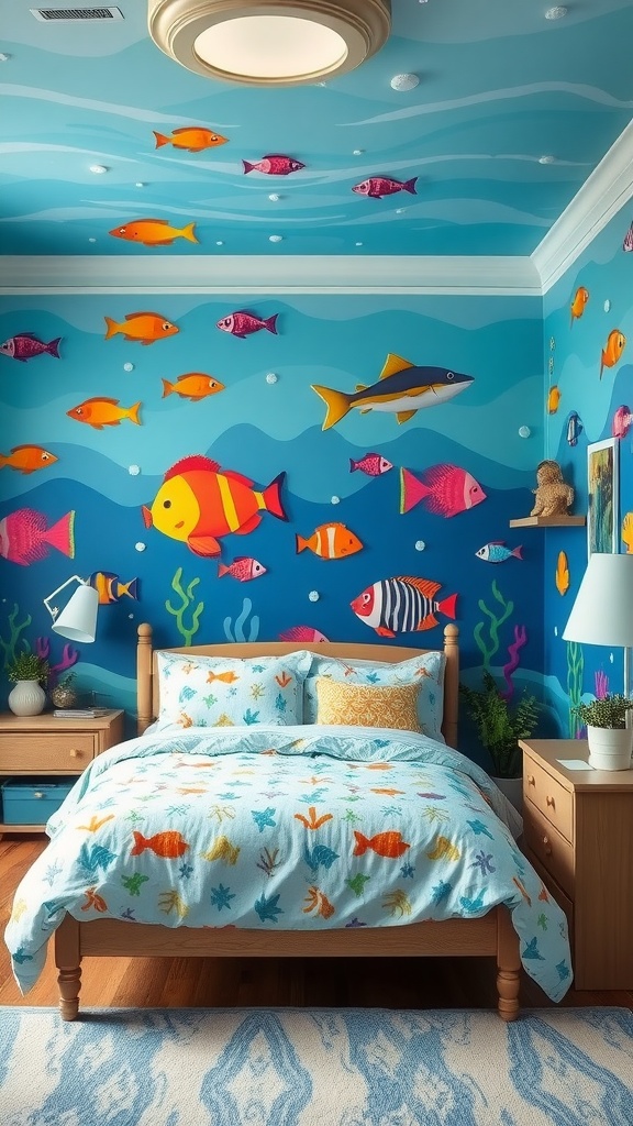 A colorful underwater-themed bedroom with fish wall art and a vibrant bedspread.