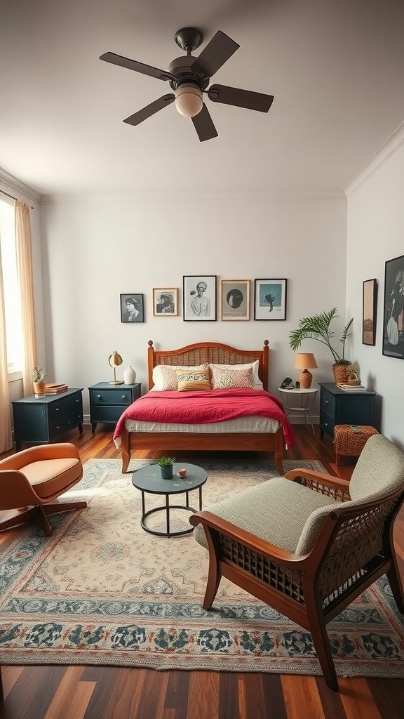 A cozy bedroom featuring a bed with a red throw, dark blue nightstands, a patterned rug, and two unique chairs creating a reading nook.