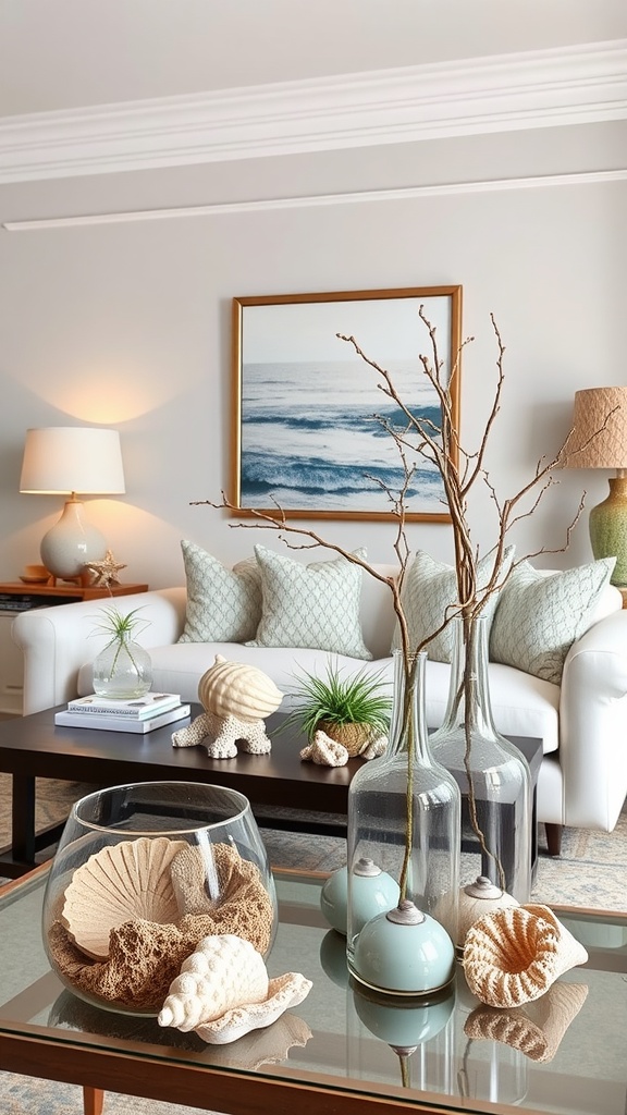 A coastal chic living room with a coffee table displaying shells, vases, and greenery, alongside a beach-themed wall art.