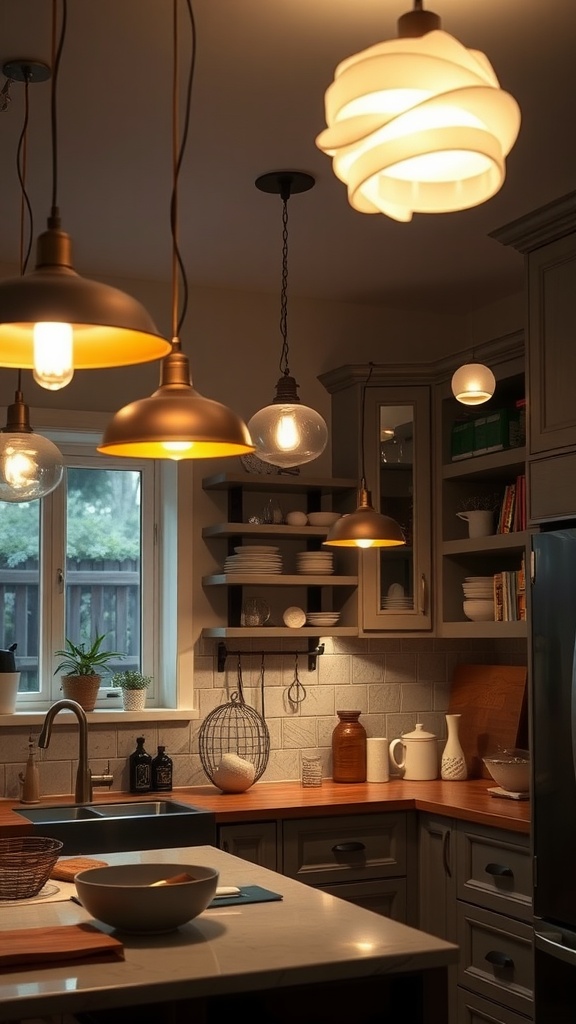 An eclectic kitchen featuring unique lighting fixtures, including pendant lights and a spiral-shaped lamp.