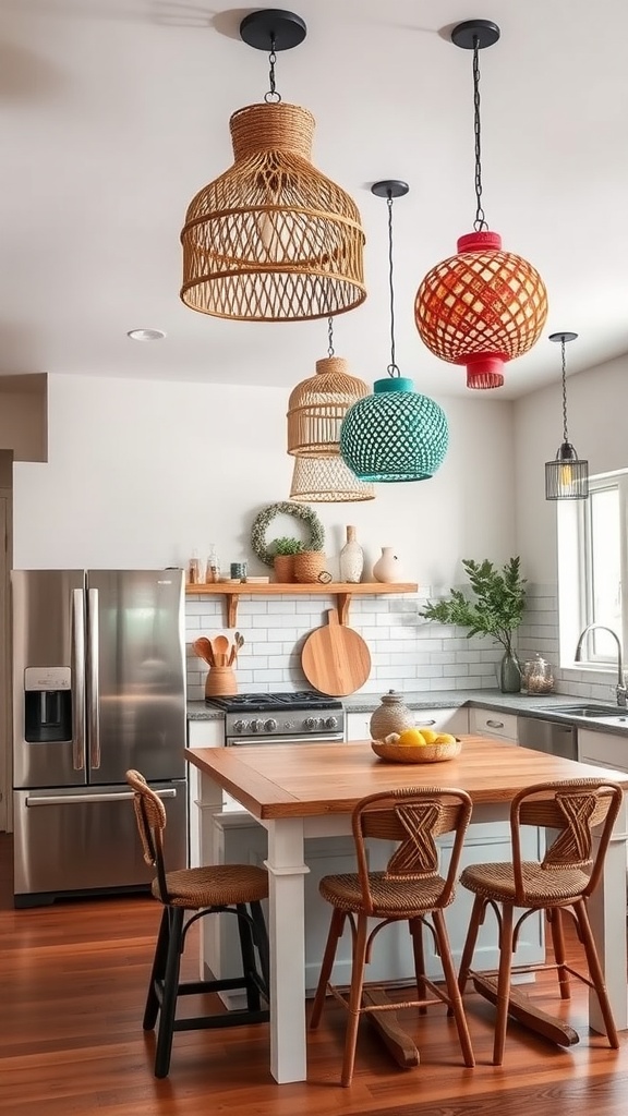 A bohemian kitchen with unique pendant lighting fixtures in various colors and designs.