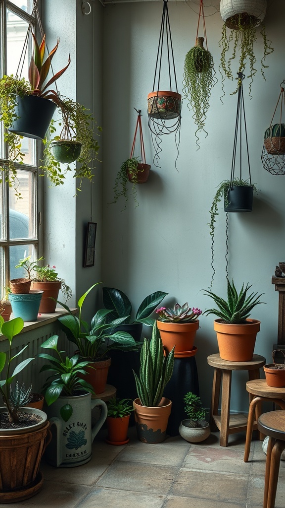 A cozy vintage grunge room corner filled with hanging and potted plants.