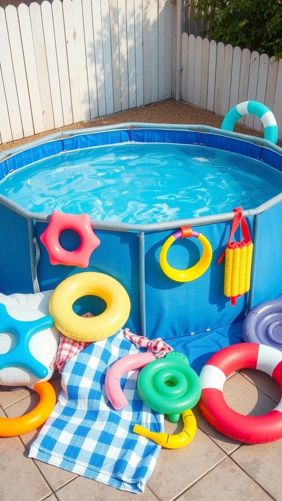 Colorful poolside accessories including inflatable rings and a checkered towel next to an above-ground pool.