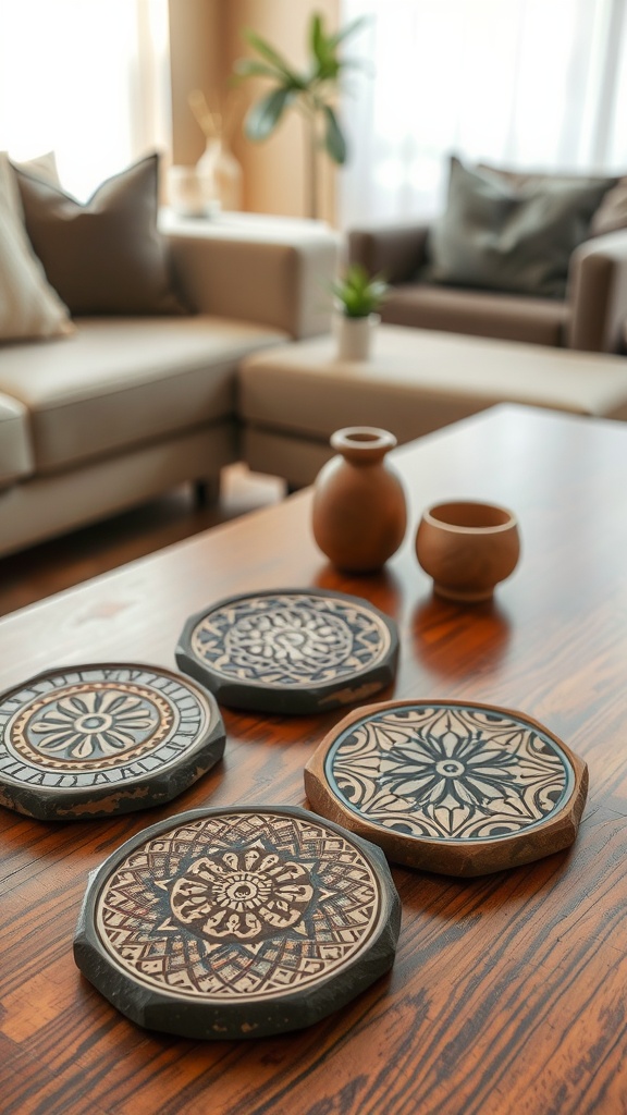 A set of unique stone coasters with intricate patterns displayed on a wooden table in a cozy living room.