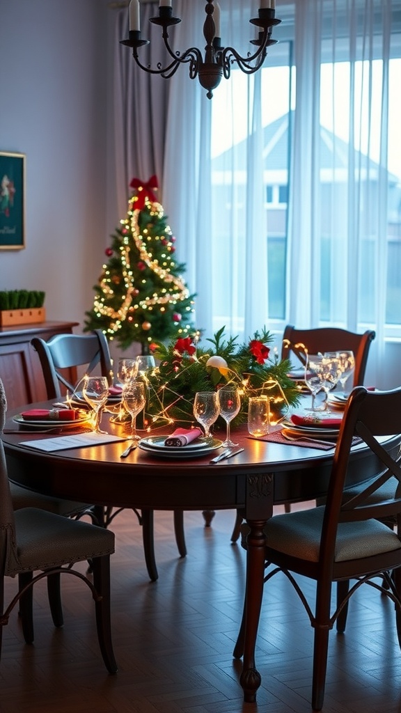 A beautifully decorated dining table with a centerpiece of greenery and Christmas string lights, set for a holiday meal.