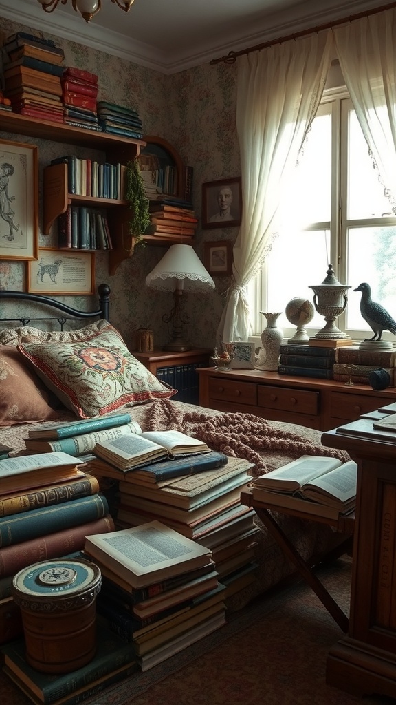 A vintage-inspired bedroom with books stacked around, floral decor, and soft lighting.