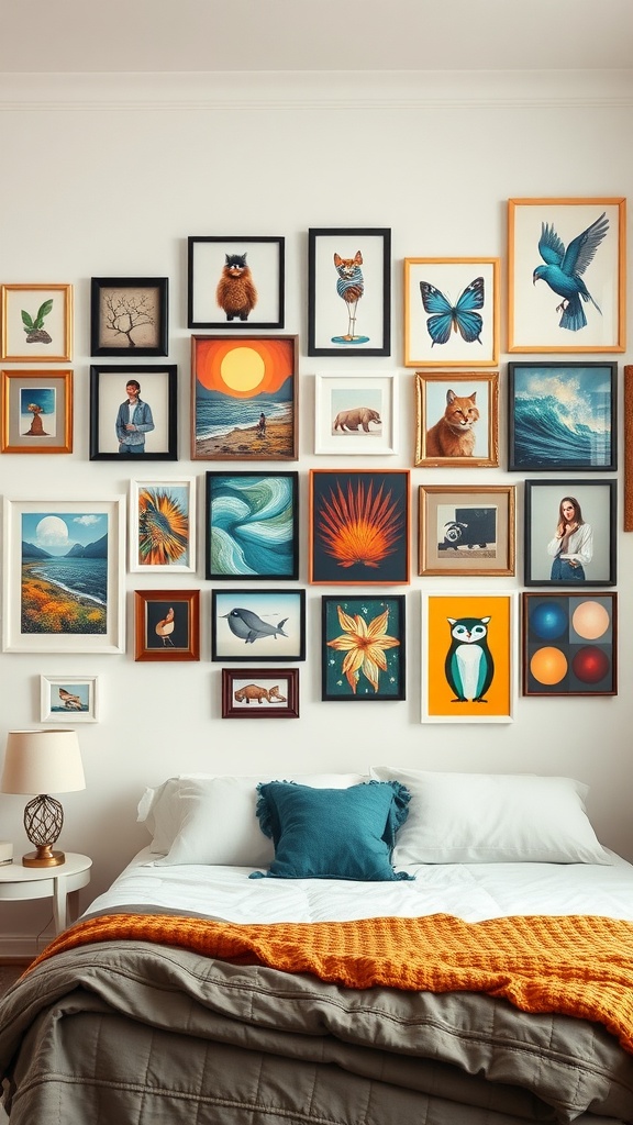 An eclectic bedroom with a diverse wall art display featuring various framed artworks.