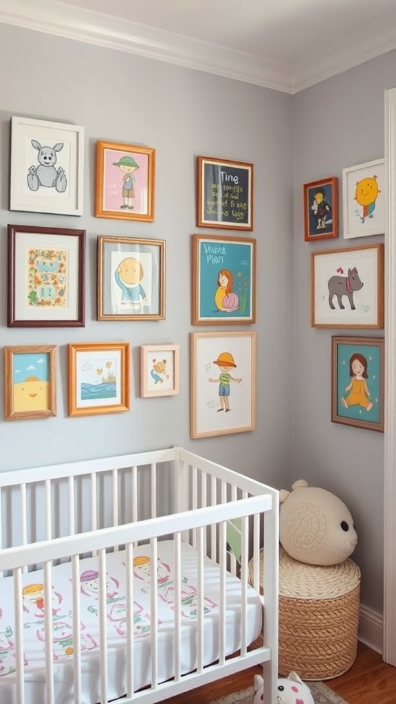 Colorful wall art in a nursery with framed illustrations and a crib