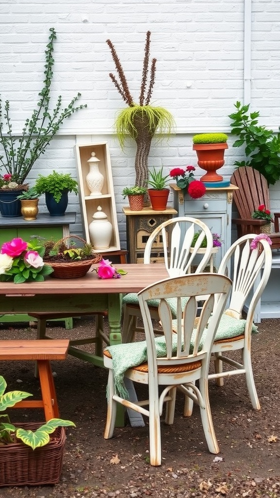 Colorful garden scene featuring upcycled furniture, including a wooden table and mismatched chairs, surrounded by potted plants and flowers.