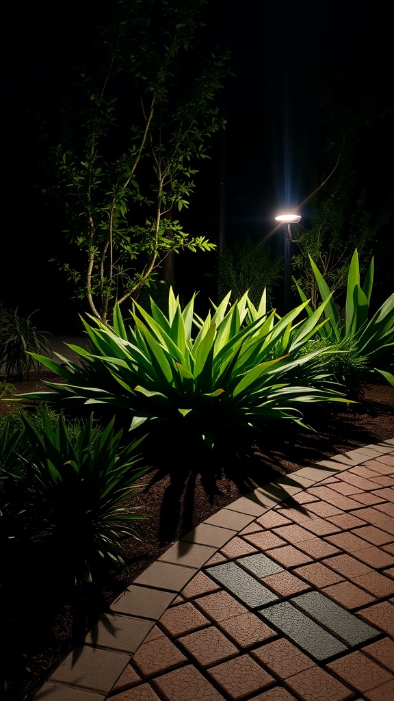 Beautifully lit plants with uplighting next to a paver walkway at night