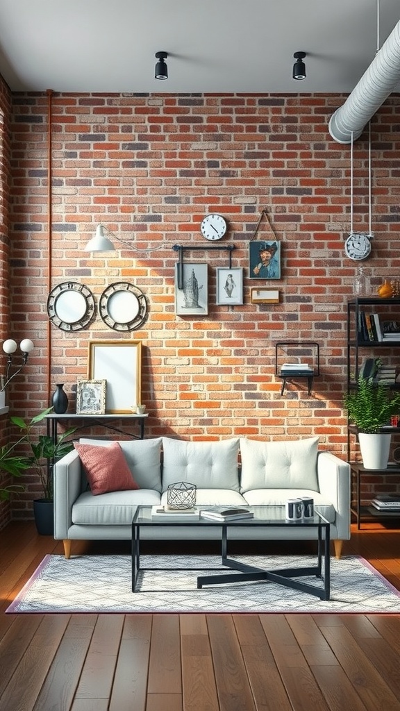 A stylish living room with a white couch, exposed brick wall, and industrial decor elements.