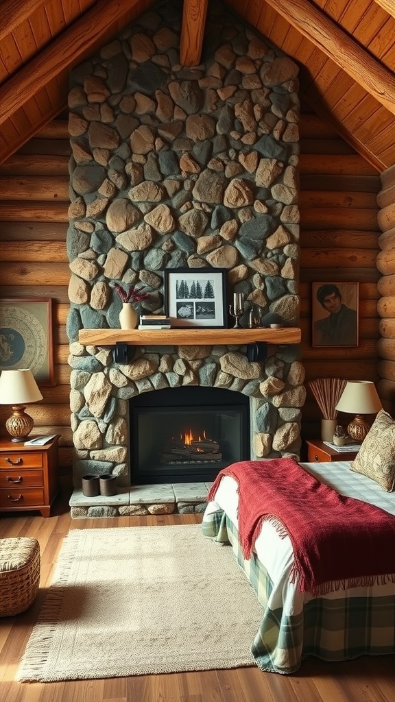 A cozy cabin bedroom featuring a stone fireplace and wooden decor.