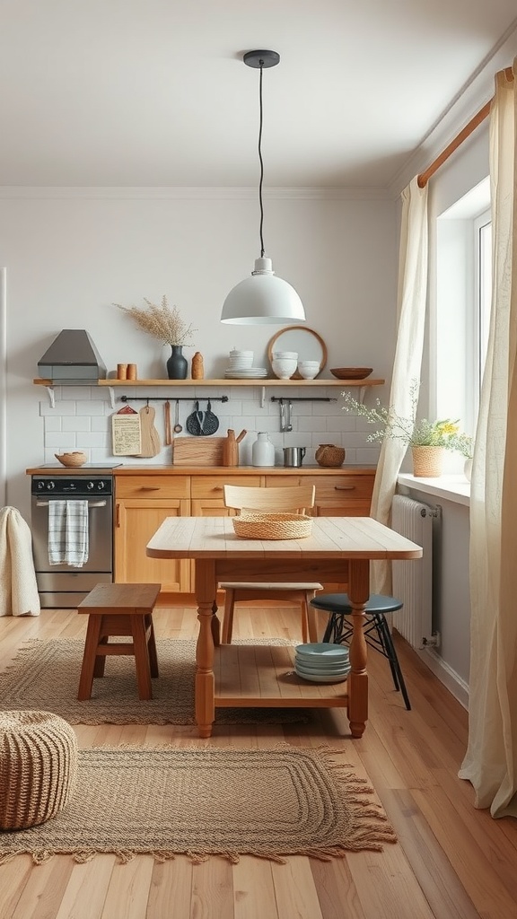 Cozy Scandinavian kitchen with wooden furniture and warm textiles.