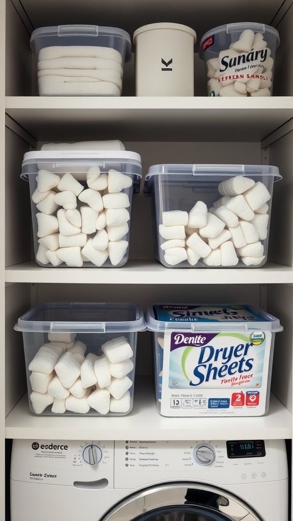 Organized laundry room shelves with clear containers holding dryer sheets and fabric softeners.